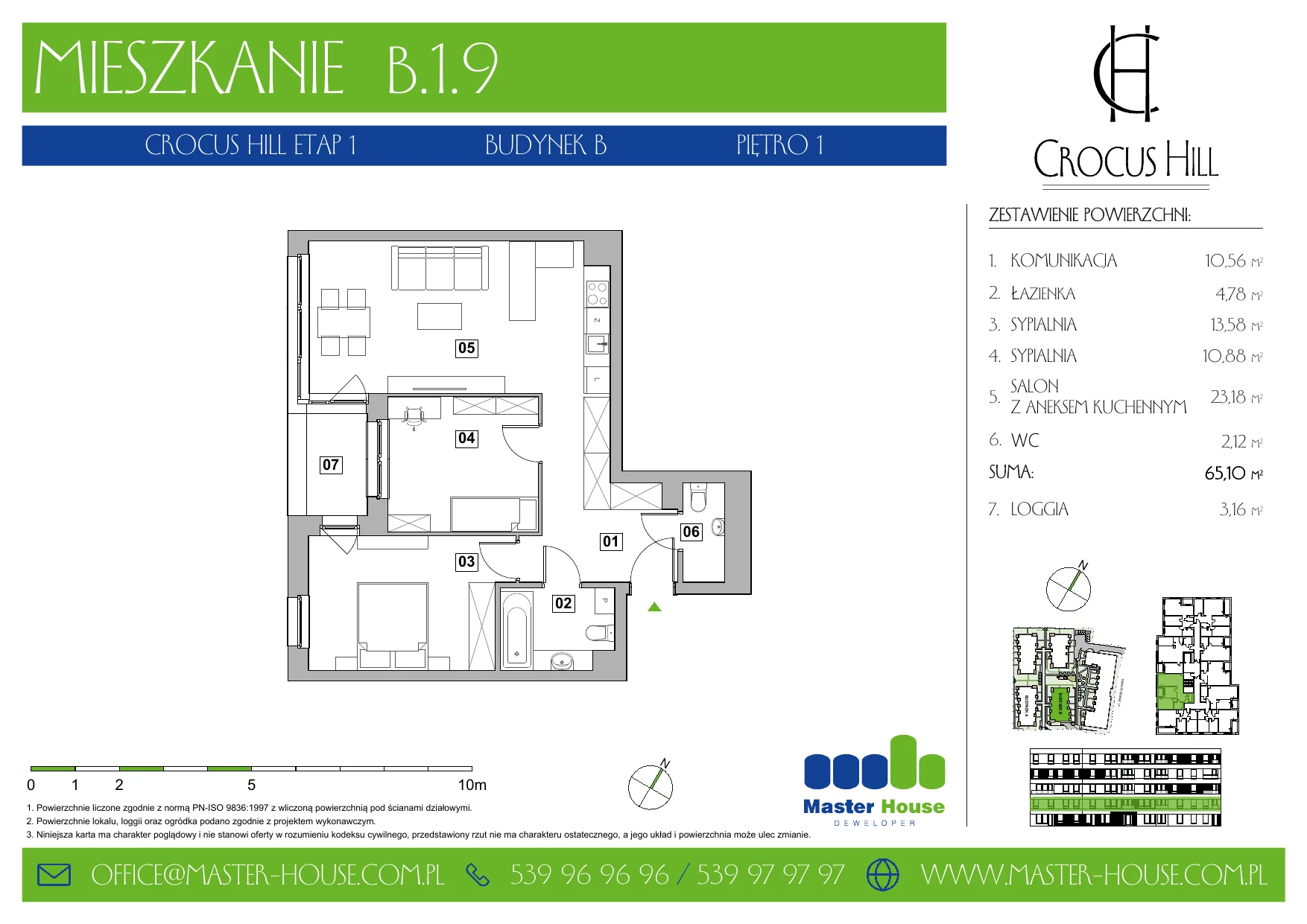 3 pokoje, mieszkanie 65,10 m², piętro 1, oferta nr B.1.9, Crocus Hill, Szczecin, Śródmieście, ul. Jerzego Janosika 2, 2A, 3, 3A